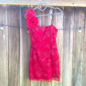One shoulder red lace dress. Size 3/4